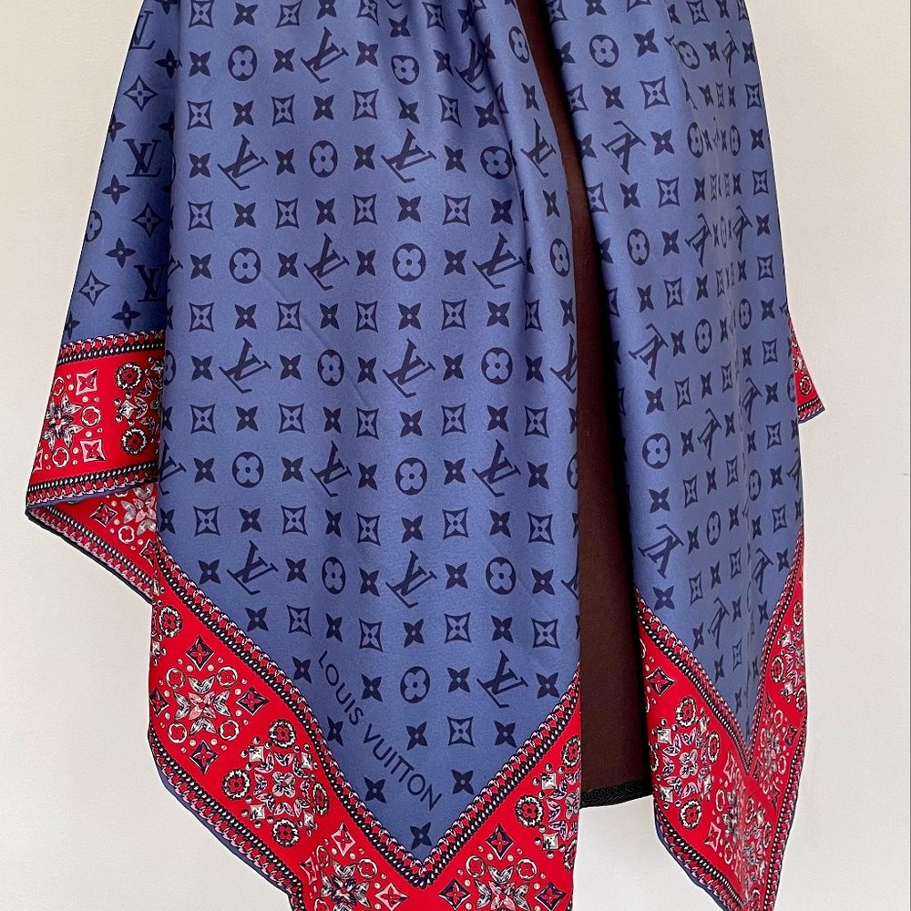 Louis Vuitton Wrap Monogram Logo Oversize Square Blue Silk Scarf - Picture 5 of 16